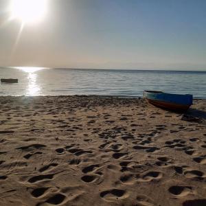 un barco azul sentado en una playa de arena junto al océano en Yasmina Beach en Taba