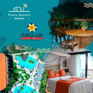 ein Banner eines Resorts mit einem Bett und einem Tisch in der Unterkunft Resort Marulhos Porto de Galinhas in Porto De Galinhas