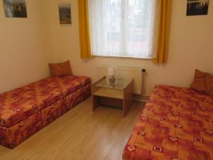 um quarto com uma cama, um sofá e uma mesa em Apartman Hruba Skala em Hrubá Skála