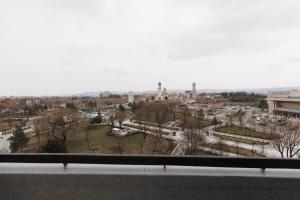 a view of a city in the snow from a window at Bear's Apartment Alba Iulia in Alba Iulia