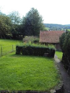 einen Garten mit Hecke und ein Haus im Hintergrund in der Unterkunft Haus Werrablick in Hannoversch Münden