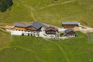 eine Luftansicht eines Hauses auf einem Feld in der Unterkunft Wachtlerhof in Matrei in Osttirol