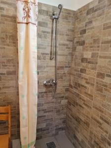 eine Dusche mit Duschvorhang im Bad in der Unterkunft Kakasdombi Apartman in Balatonszabadi