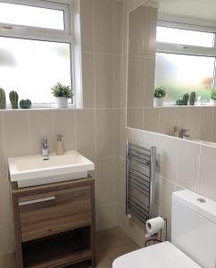 a bathroom with a sink and a toilet and two windows at Modern 3-bedrooms house with 6 guests in Sheffield