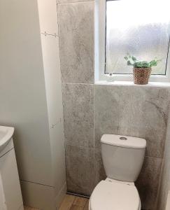a bathroom with a toilet and a window and a plant at Modern 3-bedrooms house with 6 guests in Sheffield