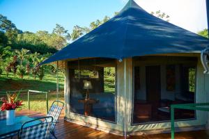 a gazebo with a blue umbrella on a deck at Manoas in Uvita