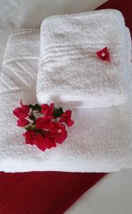 a white towel with red flowers on top of it at Masada Guest House in Langebaan