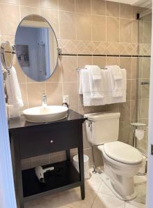 La salle de bains est pourvue de toilettes, d'un lavabo et d'un miroir. dans l'établissement Auberge Glengarry Inn, Eleanor Suite, à Glen Robertson