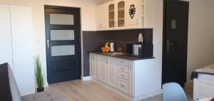 a kitchen with a counter with a microwave and a door at Apartament u krysi in Ząb