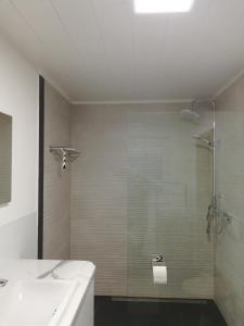 a bathroom with a glass shower and a sink at Ferienwohnung Martin in Neuhausen ob Eck