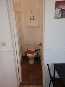 a small bathroom with a toilet in a hallway at Le quadrapin, studio 4 personnes centre ville Compiègne in Compiègne