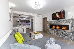 sala de estar con sofá y chimenea en Reset Apartments, en Kranjska Gora