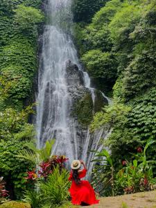 a woman sitting in front of a waterfall at Villa Serenity in Lovina