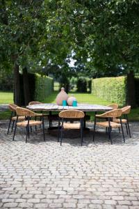 a picnic table with chairs and a vase on it at Truyenhof in Bree
