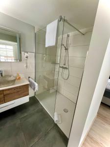 a bathroom with a glass shower and a sink at Landhotel Zum Hirsch in Unterweißbach