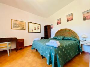 a bedroom with a green bed and a desk at Giovanni Rooms Manarola in Manarola