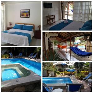 un collage de fotos de un hotel con cama y piscina en Hotel Sumpa, en Montañita