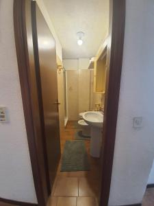 y baño con 2 aseos, lavamanos y espejo. en Apartment San Giacomo - Brentonico, en Brentonico