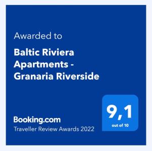 Certifikát, ocenenie alebo iný dokument vystavený v ubytovaní Baltic Riviera Apartments - Granaria Riverside