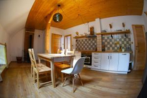 a kitchen with a wooden table and chairs at Apartmány Kamenka in Mičovice