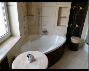 a bathroom with a tub and a bird sitting on a table at Apartament w domu z kominkiem i ogrodem in Reda