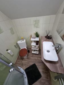 Baño pequeño con lavabo y aseo en Ubytování BOBULKA Bulhary, en Bulhary