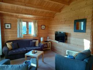 ein Wohnzimmer mit Sofas und einem Flachbild-TV in der Unterkunft Pennylands Hill View Lodge in Broadway