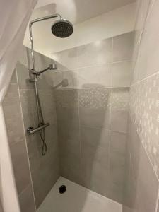 La salle de bains est pourvue d'une douche avec un pommeau de douche. dans l'établissement Joli gîte à Chéroy, à Chéroy