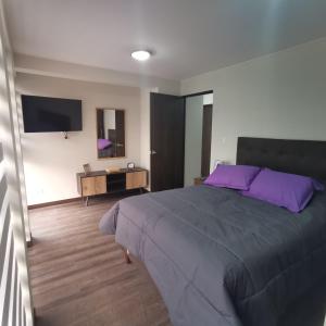 1 dormitorio con 1 cama grande con almohadas moradas en Cosmopolitan 502 en La Paz