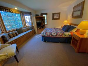Carroll的住宿－O4 - NEW 1 minute walk from beginner ski trail in the heart of Bretton Woods，一间大卧室,配有一张床和一张沙发