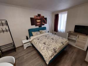 a bedroom with a bed with a blue head board at Apartment First December in Oradea