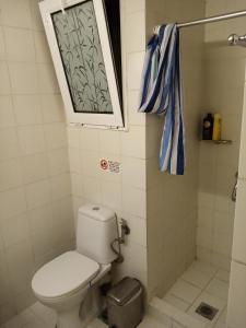 e bagno con servizi igienici, finestra e doccia. di Athens Center Apartment ad Atene