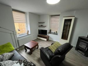 ein Wohnzimmer mit Ledersofa und Fernseher in der Unterkunft Am Steinweg in Weida