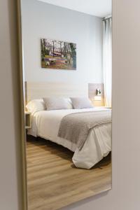 a bedroom with a bed and a mirror at PENSIÓN CASA ELENA *** in Arzúa