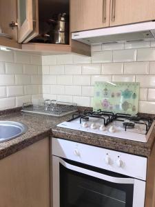 a kitchen with a stove and a sink at Olivia Apartment at Ölüdeniz - Central in Oludeniz