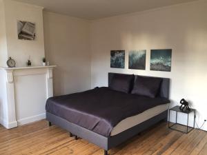um quarto com uma cama e algumas fotografias na parede em Vakantiehuisje aan de Ijzer em Diksmuide