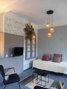 a bedroom with a bed and a tv and a chair at Château de Fabiargues in Saint-Ambroix