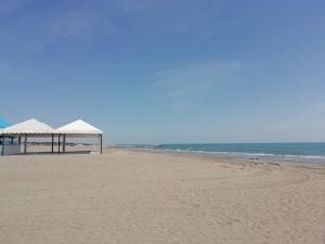 einen Strand mit Sonnenschirmen auf dem Sand und dem Meer in der Unterkunft Casa sul mare Adriatico in Cavallino-Treporti