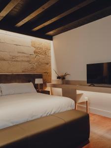 a bedroom with a bed and a desk with a television at Santa María Briones in Briones