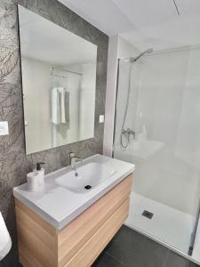 a bathroom with a sink and a shower and a mirror at APARTAMENTO CAMINO DEL RIO in Ardales