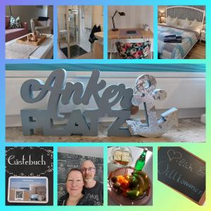 a collage of photos of a hotel room with aitzka barz sign at FeWoGeestland in Bremerhaven