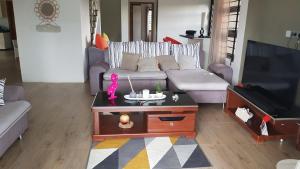 a living room with a couch and a tv at Villa Le Mahé in Beau Vallon