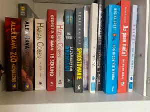 a row of books sitting on a shelf at mieszkanko_karkonoska in Jelenia Góra +12 photos