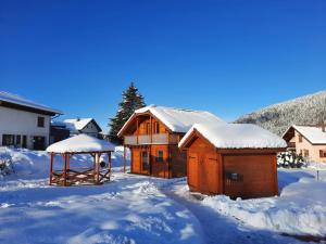 Cabaña de madera en la nieve con cenador en Le chalet de la Chouille, en Xonrupt-Longemer