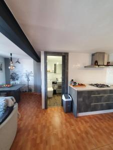 a kitchen and living room with a counter and a stove at La cueva inès in Almería