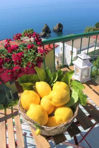 un cesto di limoni su un tavolo sul balcone di Casa Colombo a Vietri