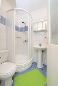 ein Bad mit einer Dusche, einem WC und einem Waschbecken in der Unterkunft Apartment and rooms SIDRO in Petrcane