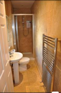 ein Bad mit einer Dusche, einem WC und einem Waschbecken in der Unterkunft Spacious and bright 1 - bedroom rental unit in Ilkley