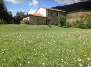 a house on a hill with a field of flowers at Agriturismo La Casa Bianca in Poppi