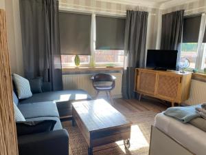 a living room with a couch and a tv at Relitto Boutique und Aparthotel Borkum in Borkum